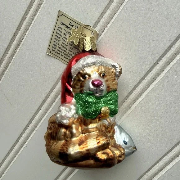 Old World Christmas Blown Glass Cat With Toy Mouse w/ Tag OWC Glitter VINTAGE - Picture 2 of 7